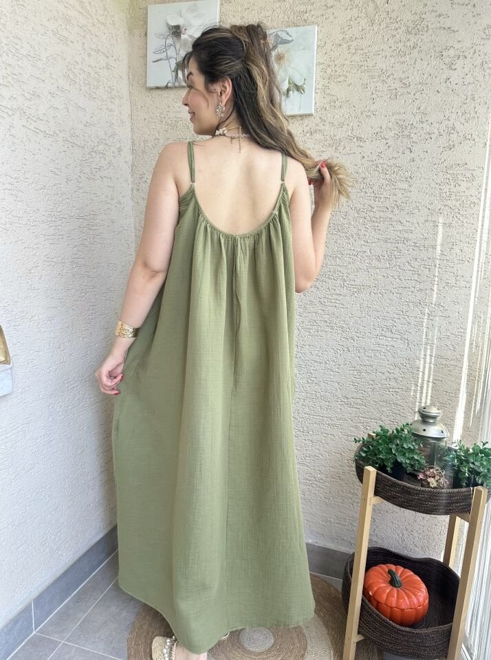İp Askılı Müslin Haki Yeşili Elbise