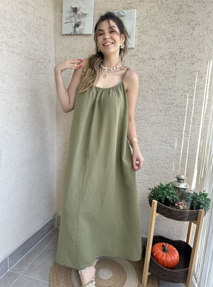 İp Askılı Müslin Haki Yeşili Elbise