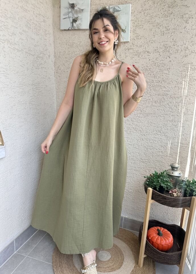 İp Askılı Müslin Haki Yeşili Elbise