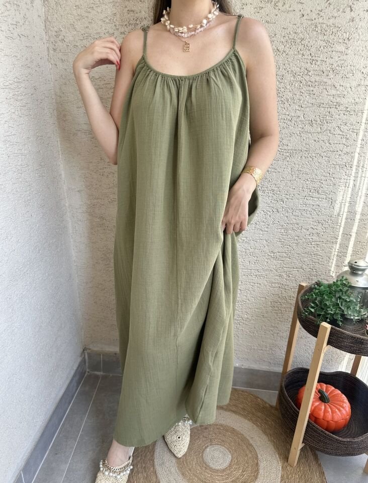 İp Askılı Müslin Haki Yeşili Elbise