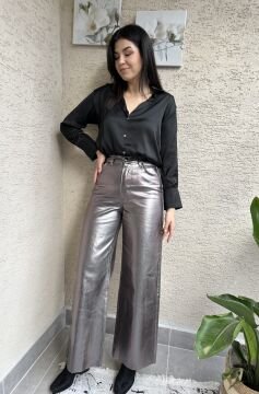Antrasit Varaklı Wide Leg  Pantolon