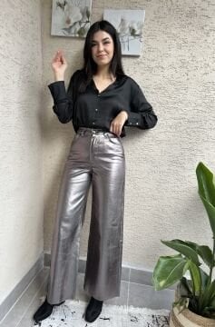 Antrasit Varaklı Wide Leg  Pantolon