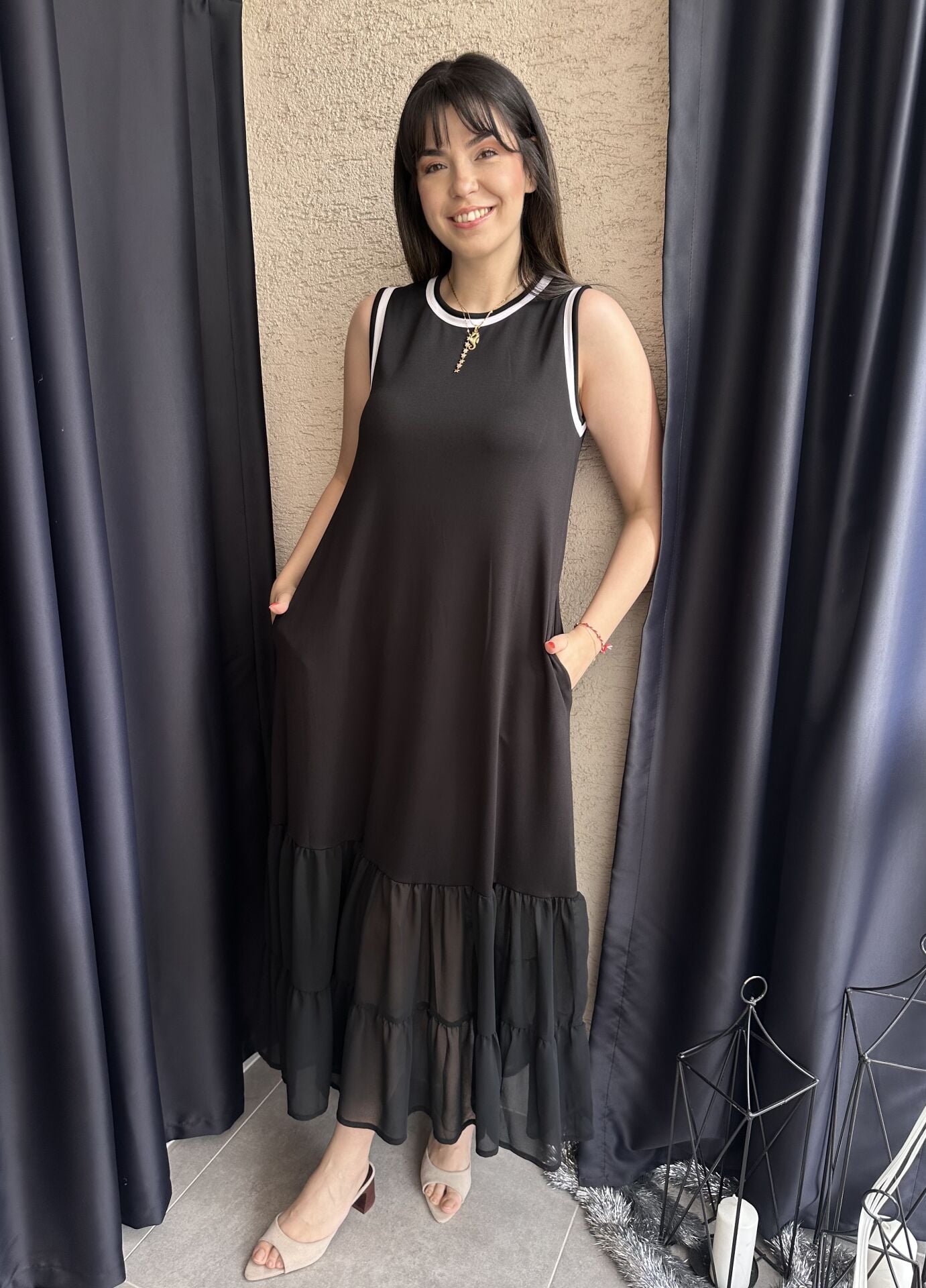 Ribanalı Siyah Modal Elbise