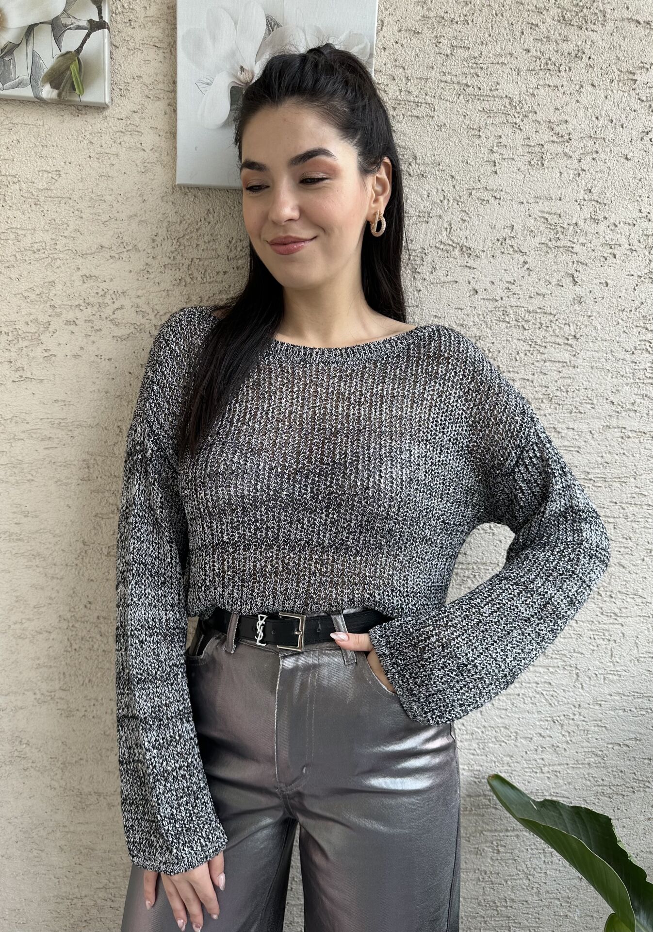 Simli Gri Kayık Yaka Triko