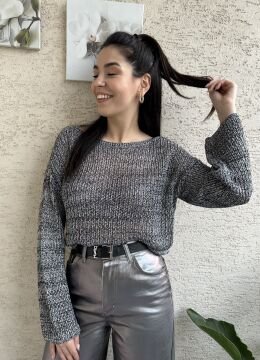 Simli Gri Kayık Yaka Triko