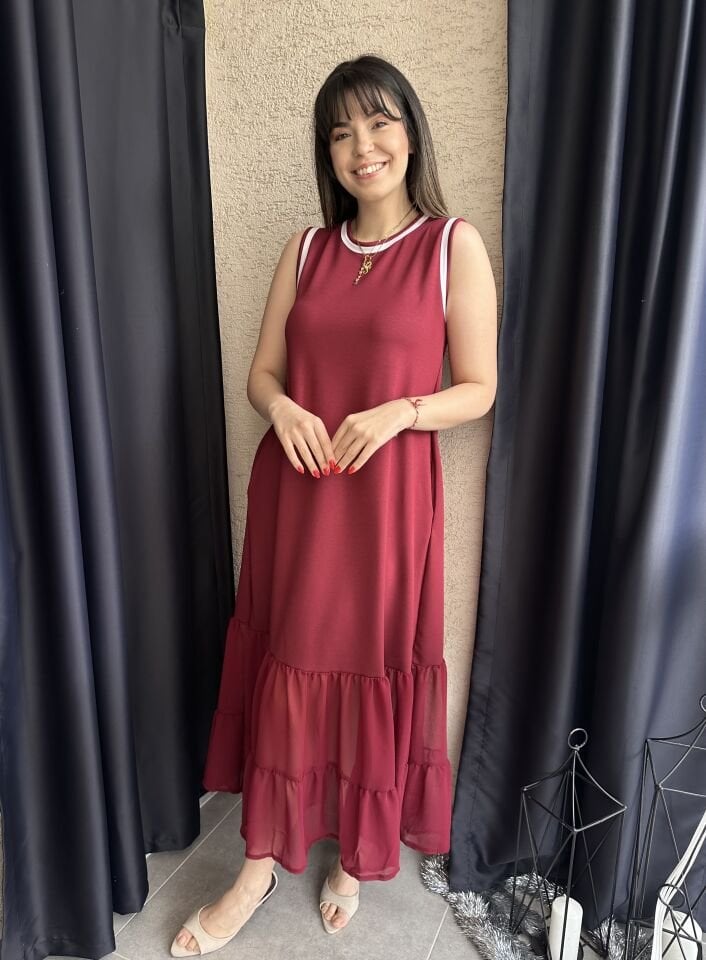 Ribanalı Bordo Modal Elbise