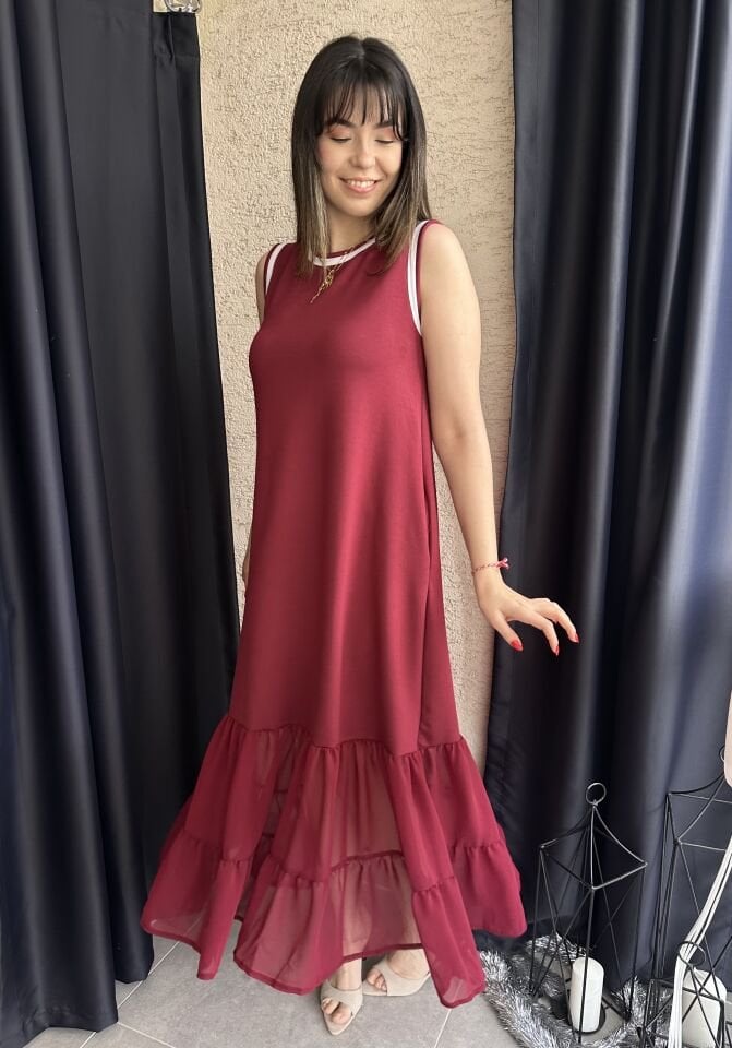 Ribanalı Bordo Modal Elbise