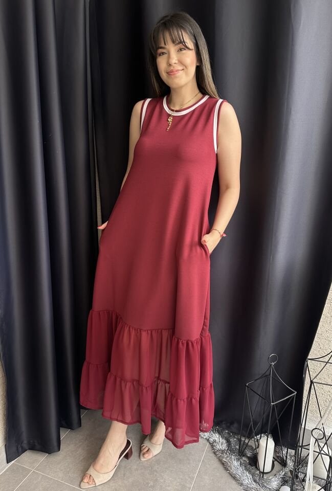 Ribanalı Bordo Modal Elbise