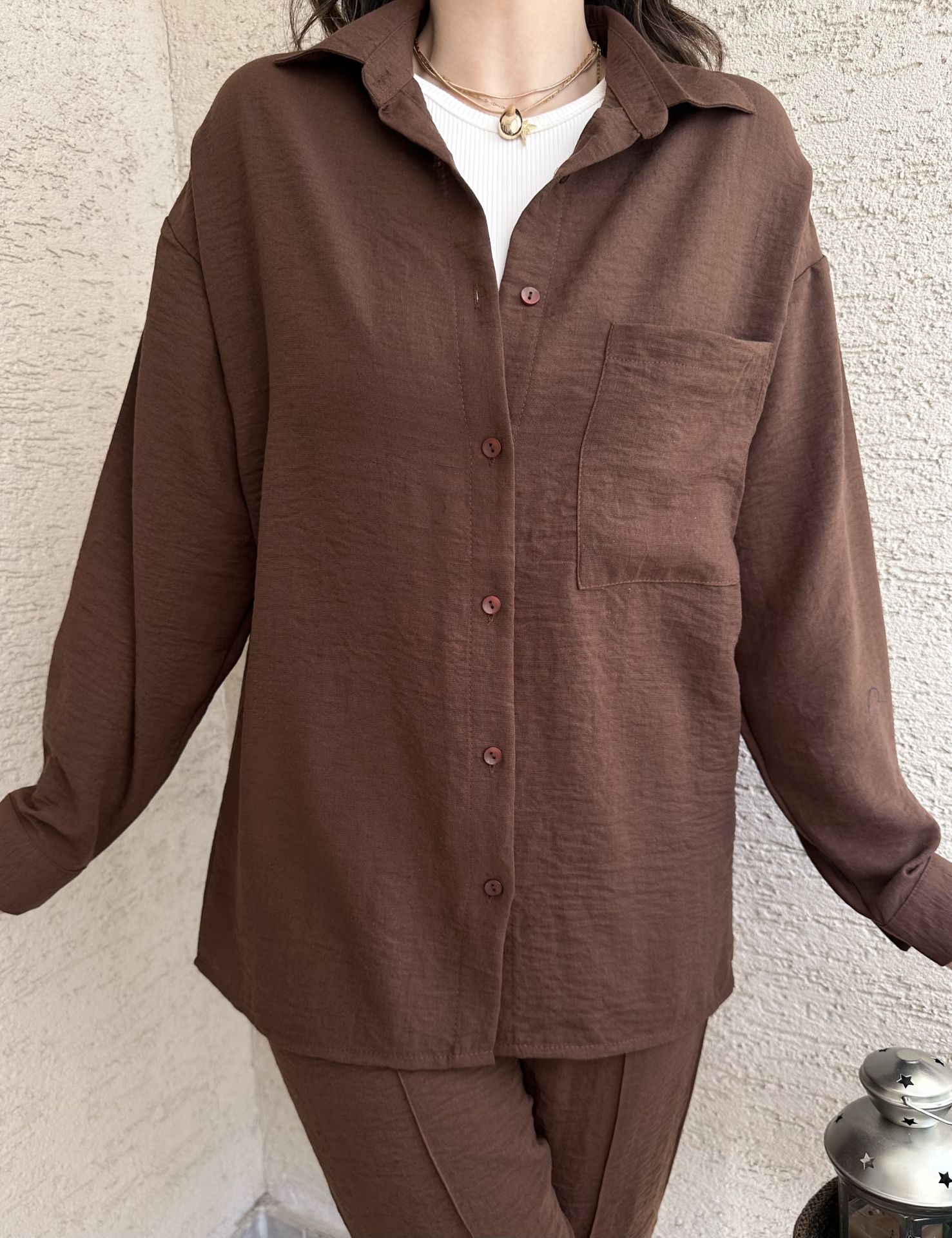 Kahverengi Keten Gömlek Pantolon Takım