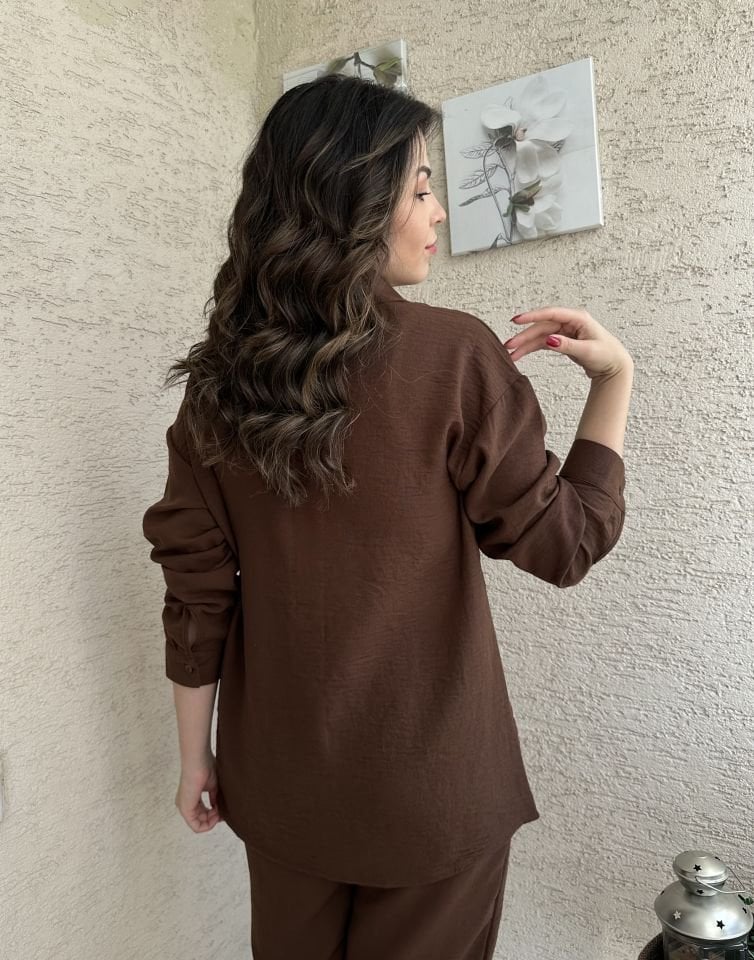 Kahverengi Keten Gömlek Pantolon Takım