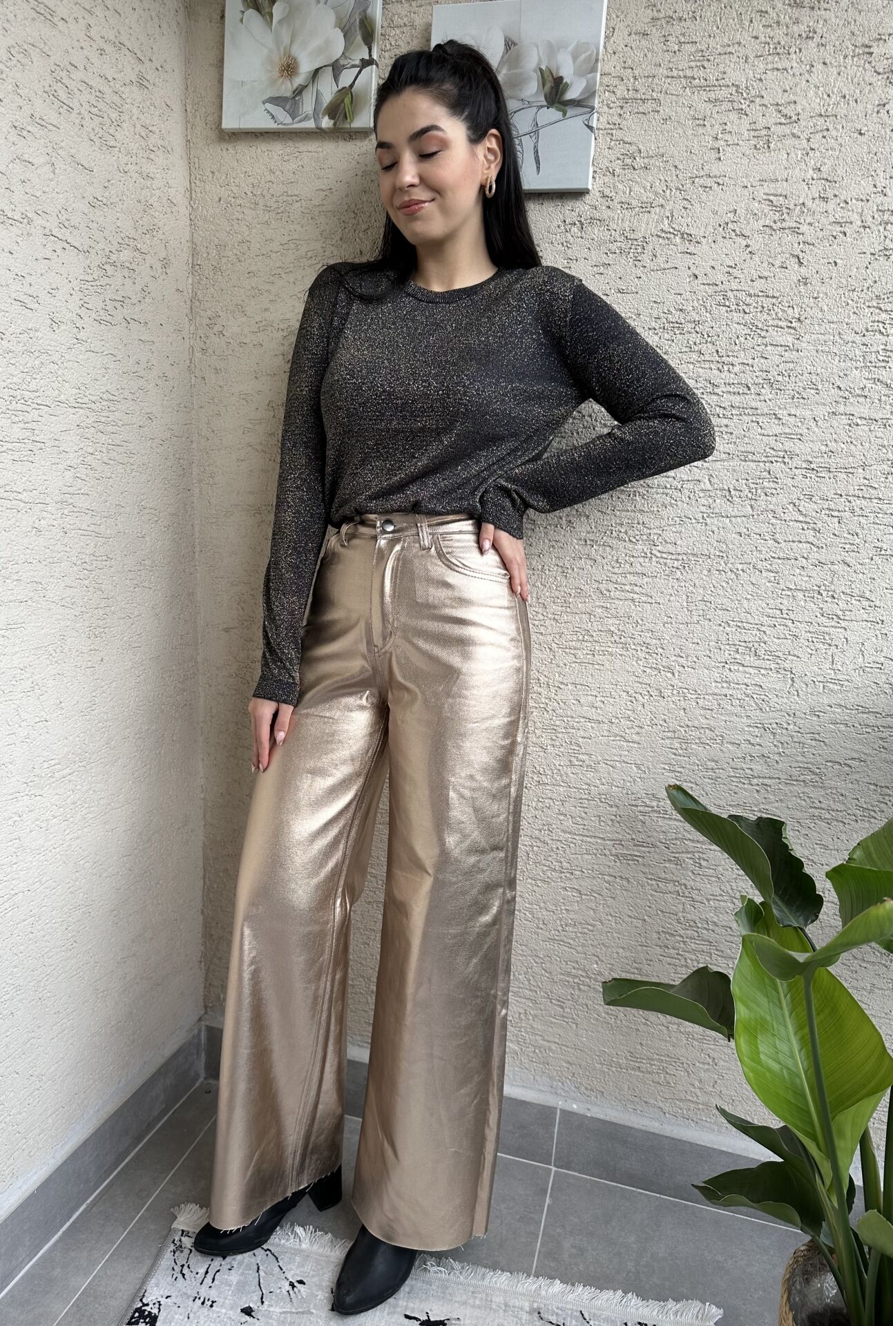 Bronze Varaklı Wide Leg Pantolon