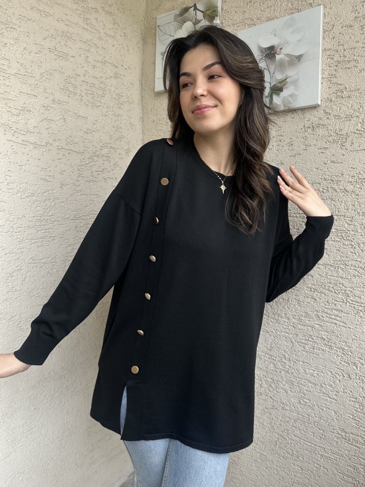 Siyah Yanları Gold Düğmeli Merserize Triko