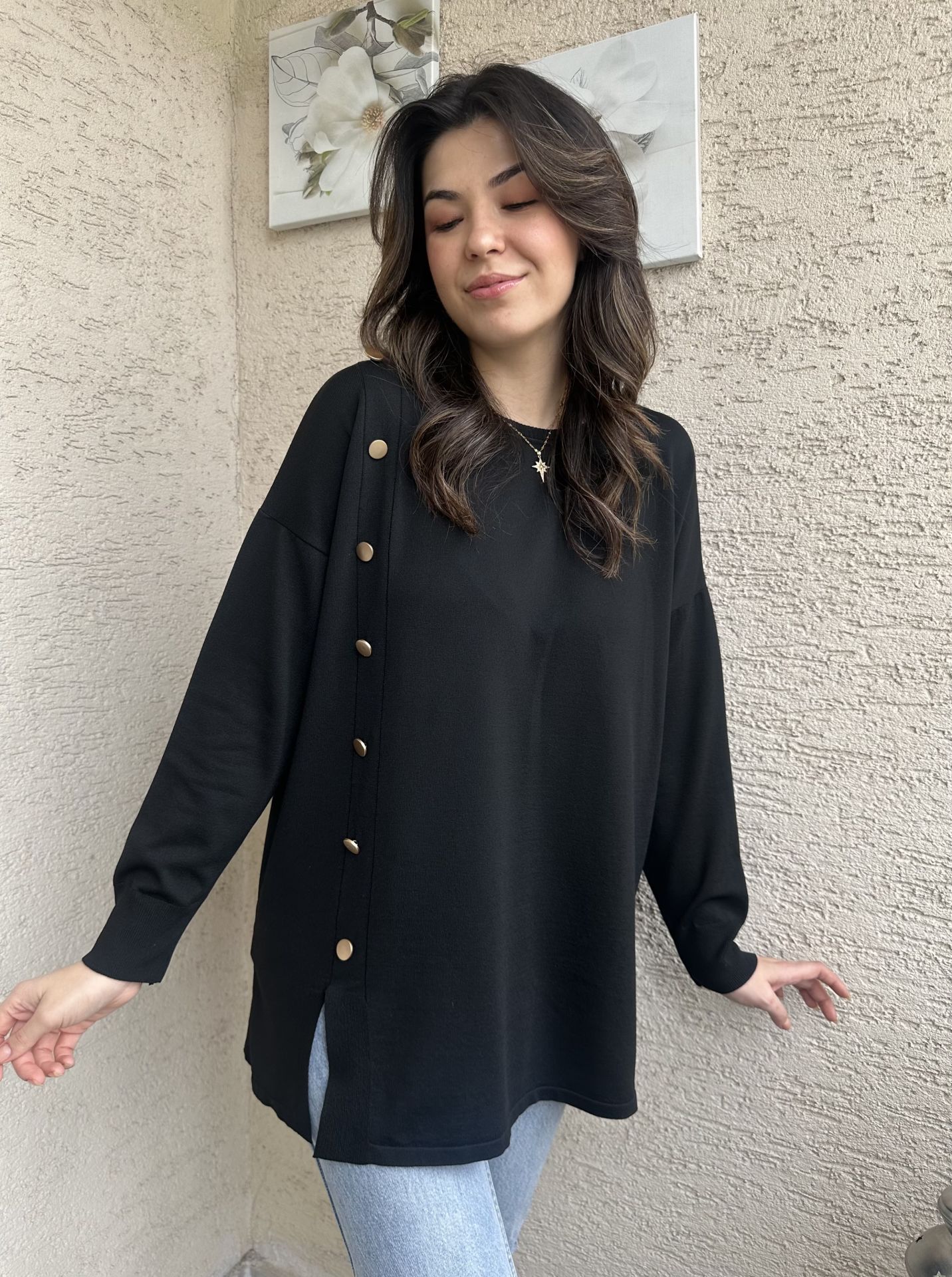 Siyah Yanları Gold Düğmeli Merserize Triko