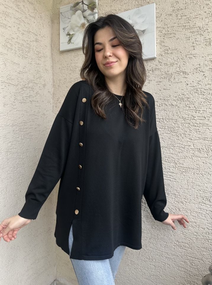 Siyah Yanları Gold Düğmeli Merserize Triko