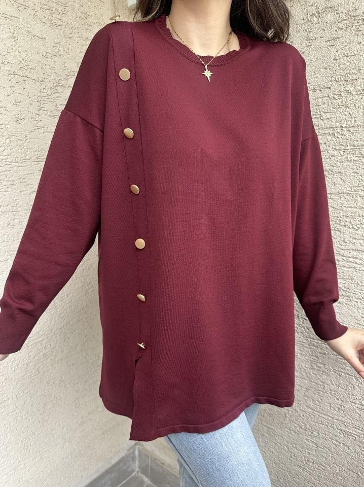 Bordo Yanları Gold Düğmeli Merserize Triko