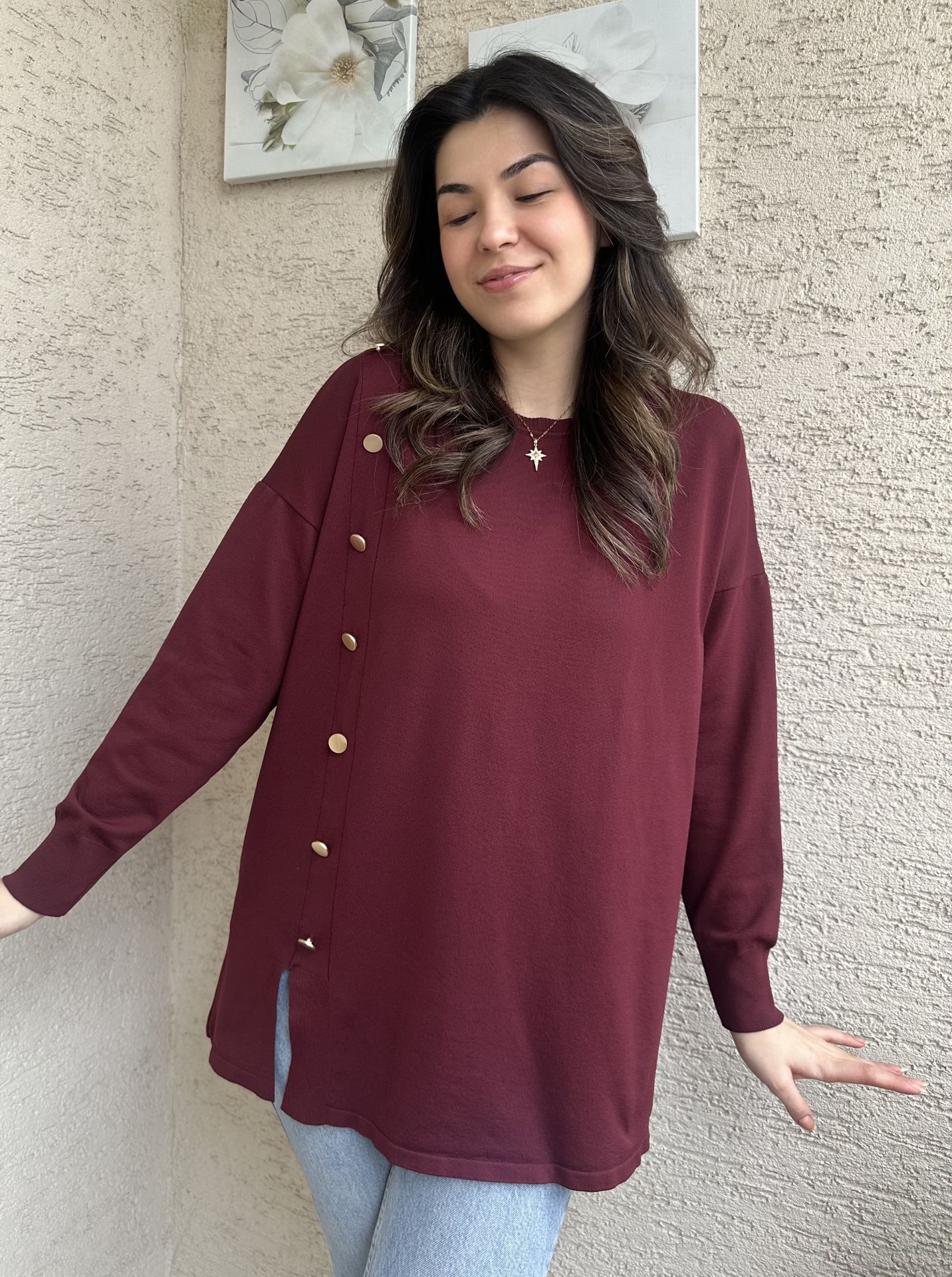 Bordo Yanları Gold Düğmeli Merserize Triko