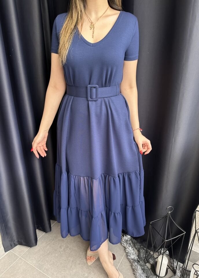 İndigo Mavi Şifon Etekli Kemerli Elbise
