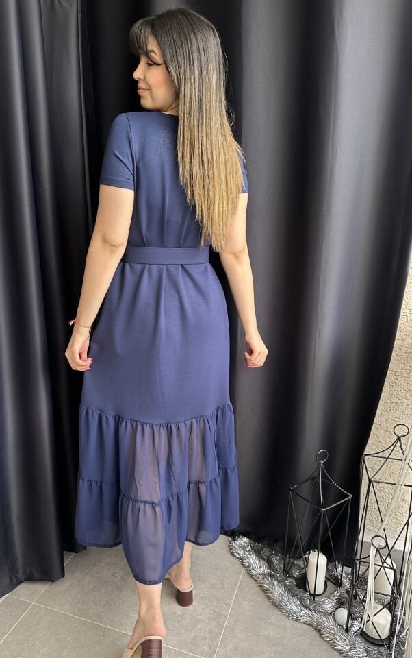İndigo Mavi Şifon Etekli Kemerli Elbise