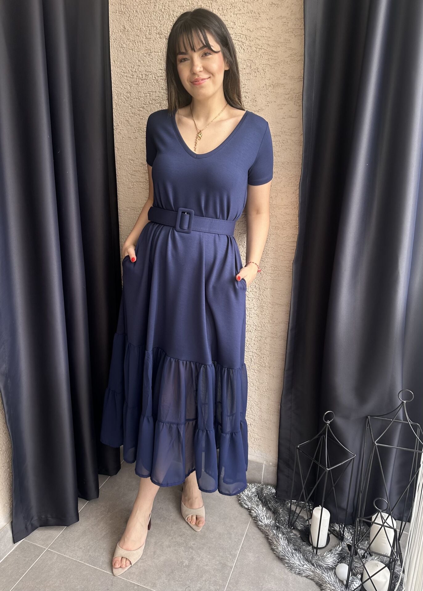 İndigo Mavi Şifon Etekli Kemerli Elbise