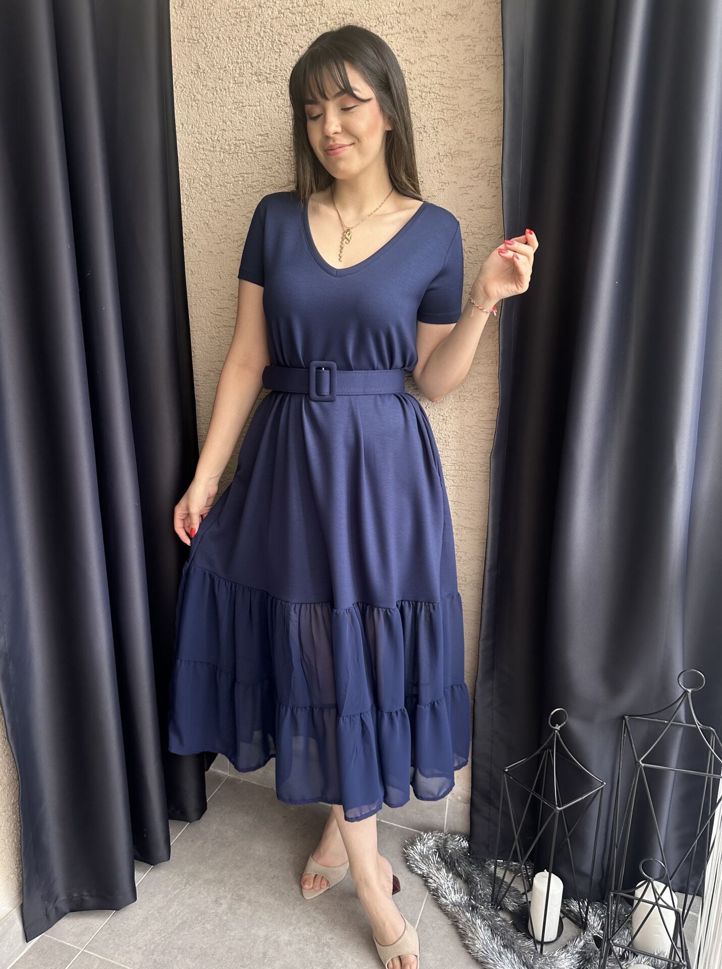 İndigo Mavi Şifon Etekli Kemerli Elbise