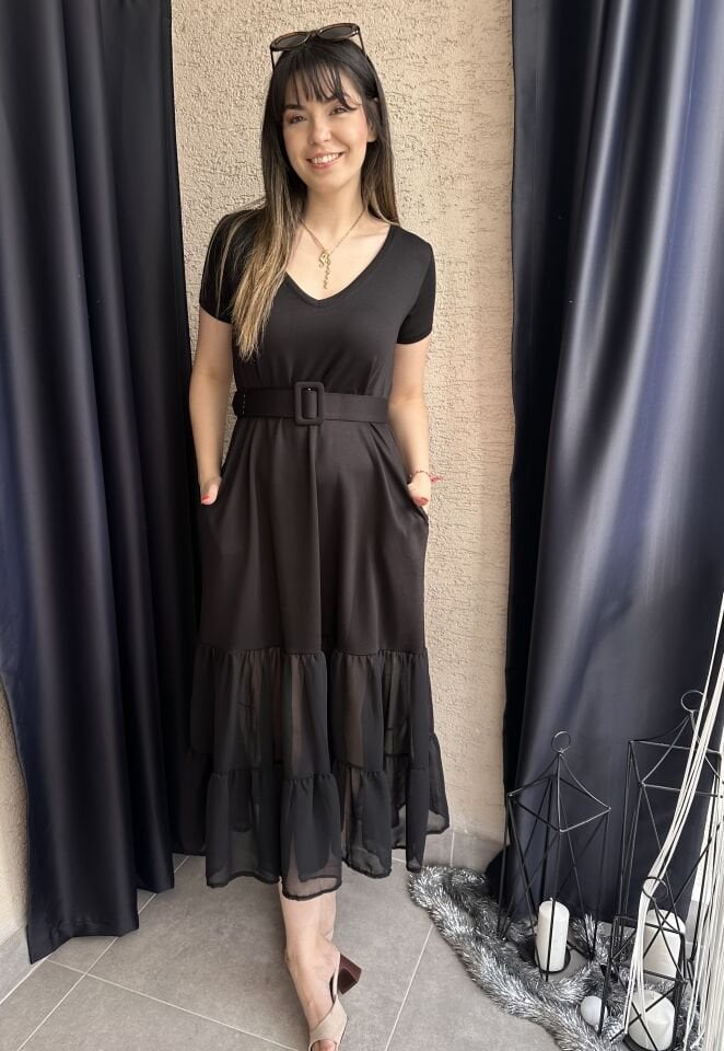 Siyah Şifon Etekli Kemerli Elbise