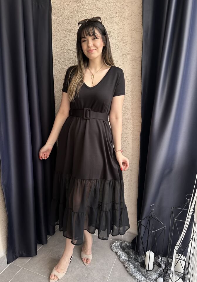 Siyah Şifon Etekli Kemerli Elbise