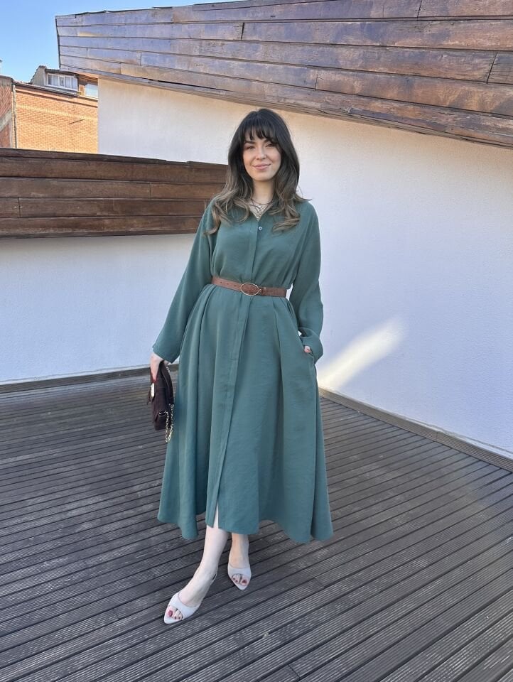 Benita Petrol Yeşili Kemerli Elbise