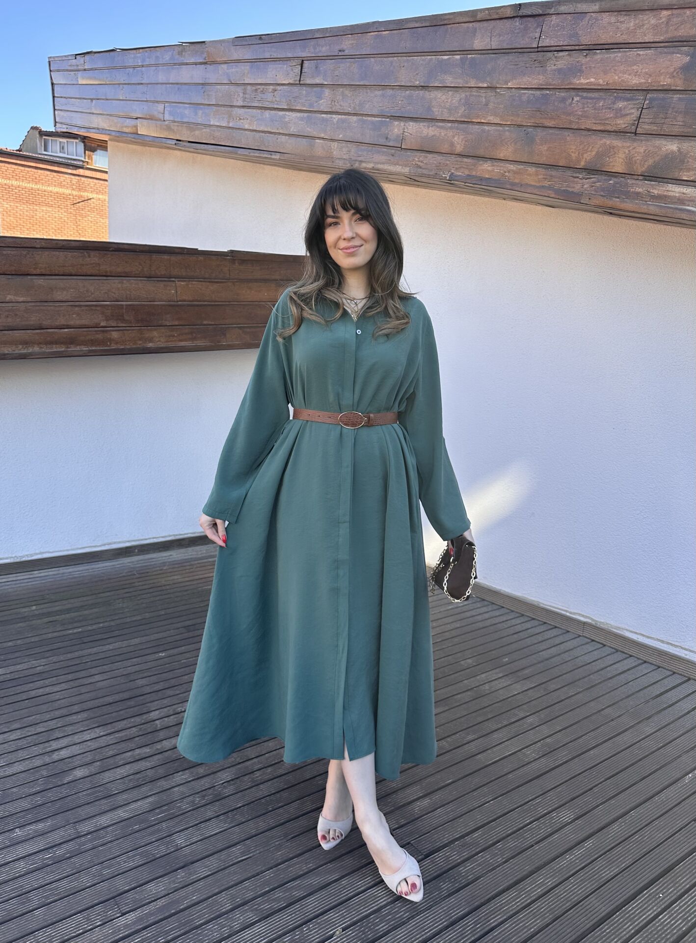 Benita Petrol Yeşili Kemerli Elbise