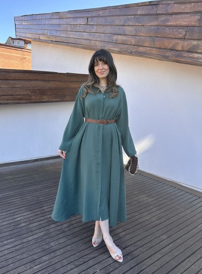 Benita Petrol Yeşili Kemerli Elbise