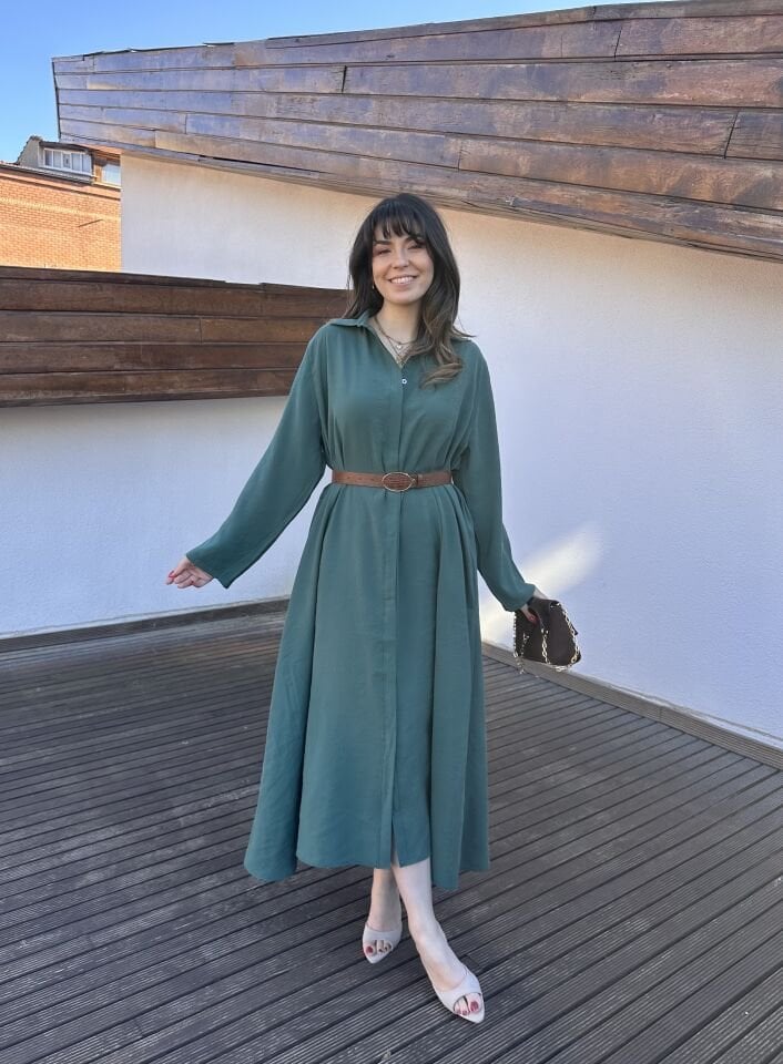 Benita Petrol Yeşili Kemerli Elbise