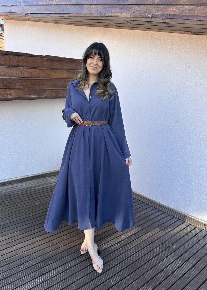 Benita Lacivert Kemerli Gömlek Elbise
