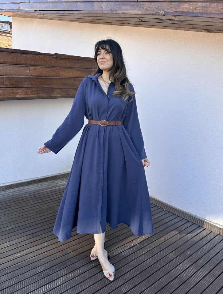 Benita Lacivert Kemerli Gömlek Elbise