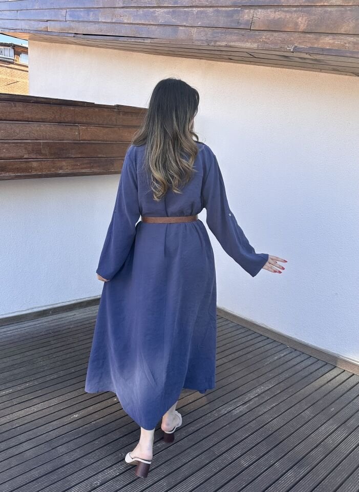 Benita Lacivert Kemerli Gömlek Elbise