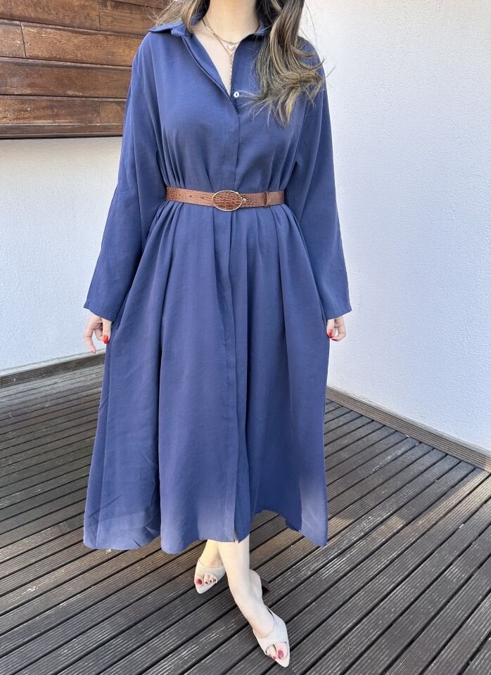 Benita Lacivert Kemerli Gömlek Elbise