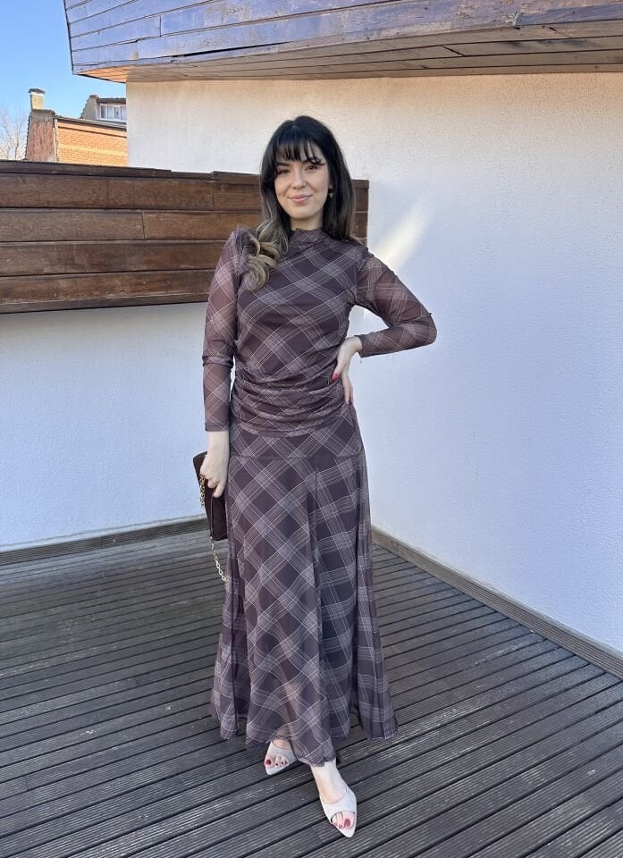 Elisa Kahve Ekose Etek Bluz Takım