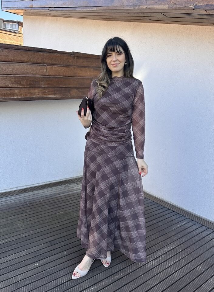 Elisa Kahve Ekose Etek Bluz Takım