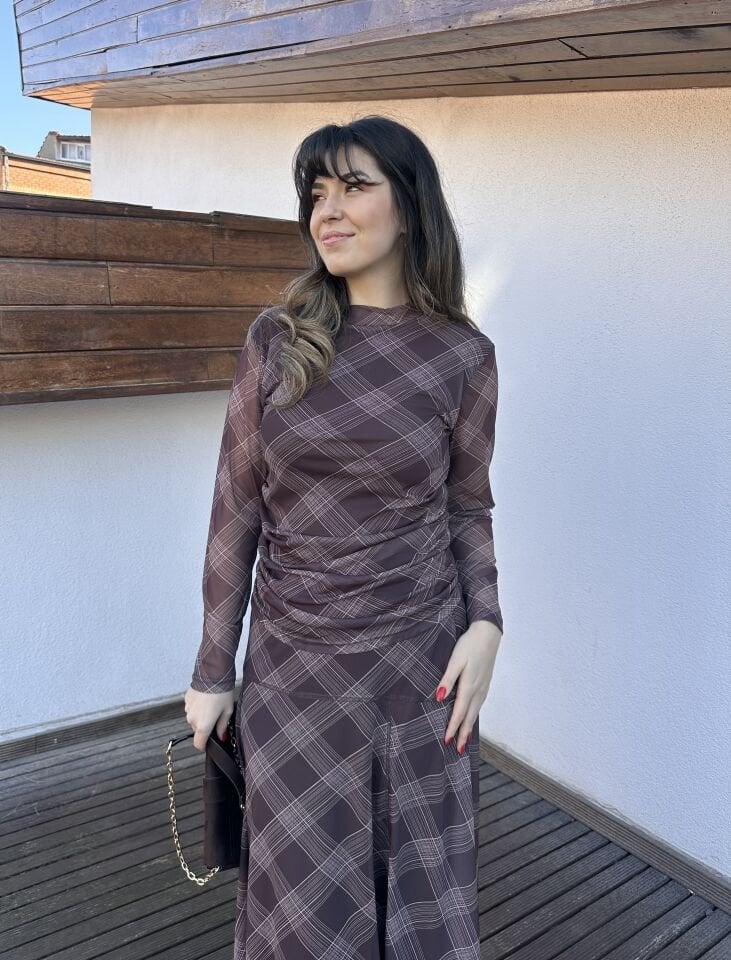 Elisa Kahve Ekose Etek Bluz Takım