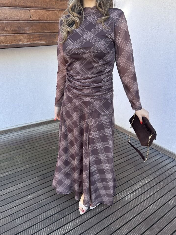 Elisa Kahve Ekose Etek Bluz Takım