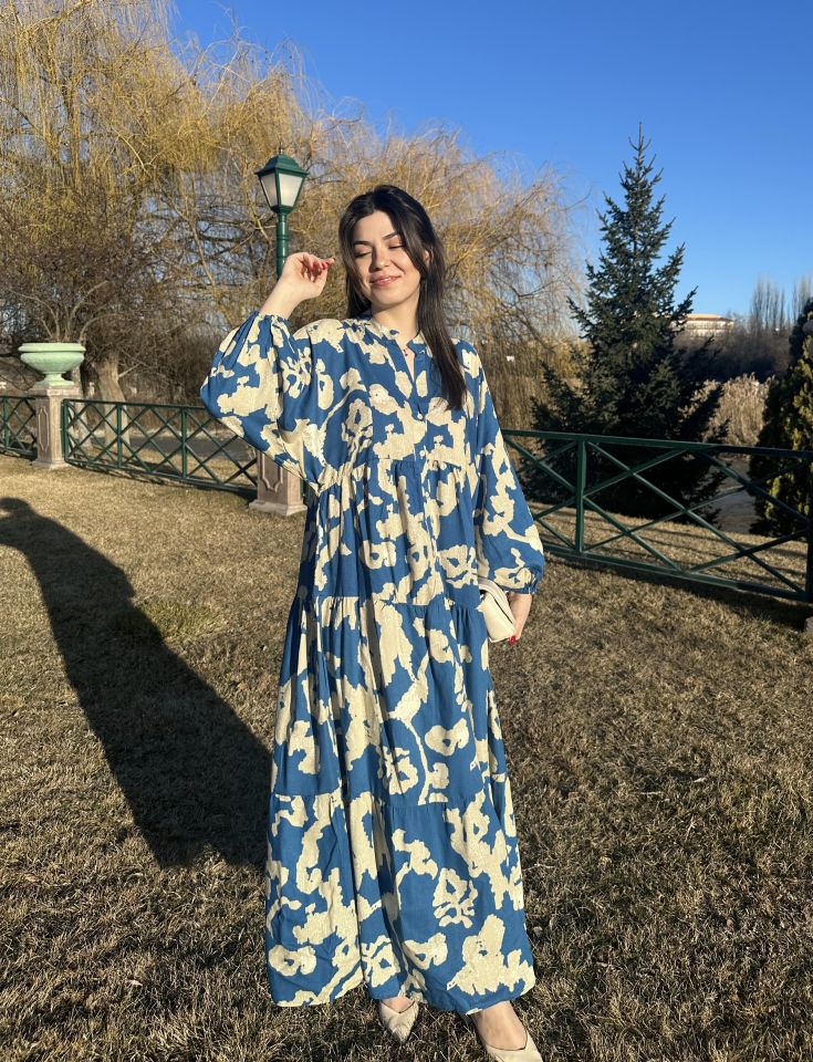 Katleya Mavi-Bej Desenli Elbise