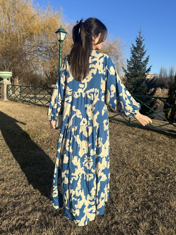 Katleya Mavi-Bej Desenli Elbise