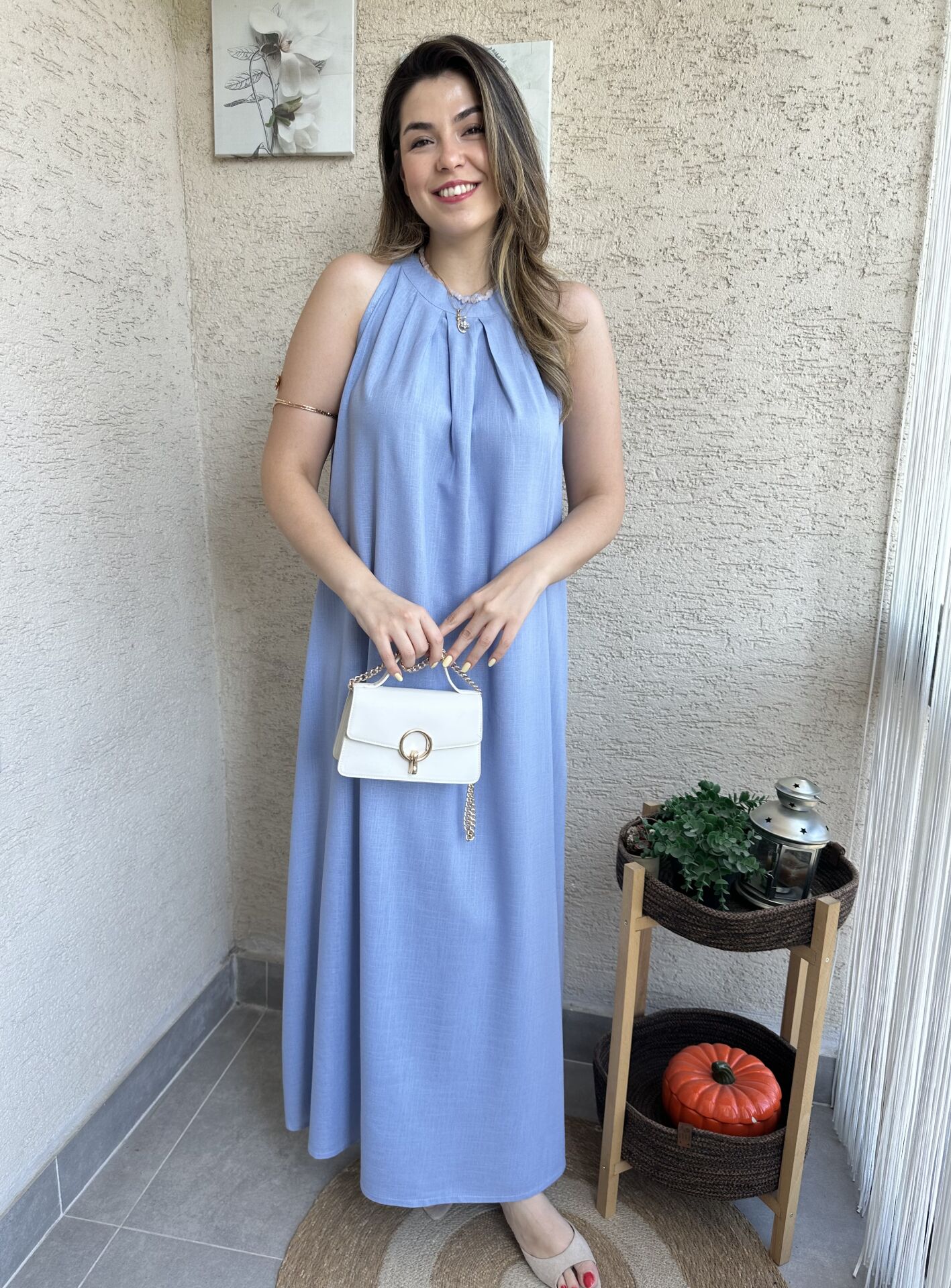 Bebe Mavisi Halter Yaka Pileli Keten Elbise