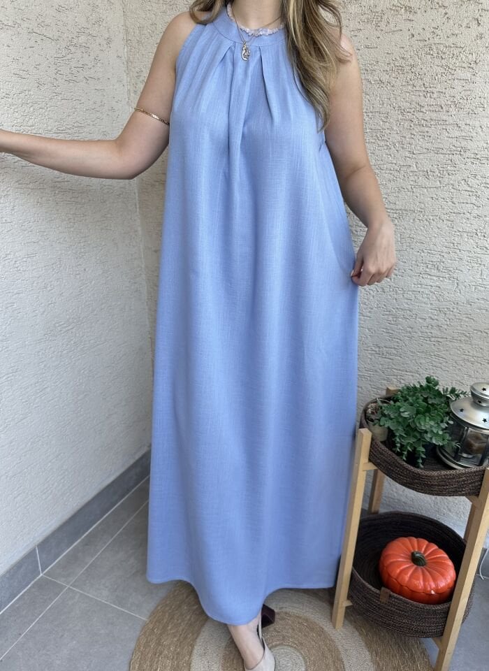 Bebe Mavisi Halter Yaka Pileli Keten Elbise