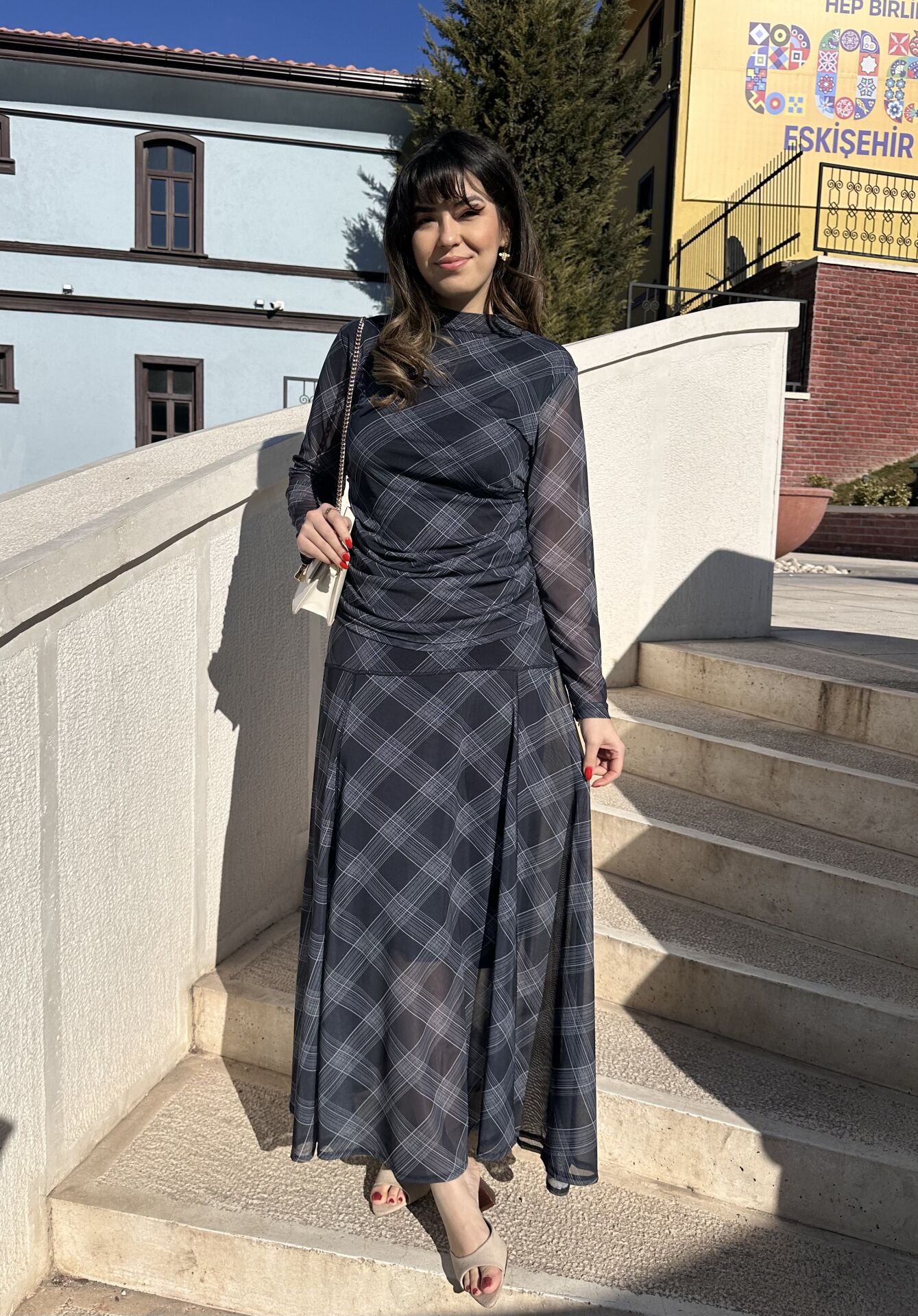 Elisa Lacivert Ekose Etek Bluz Takım