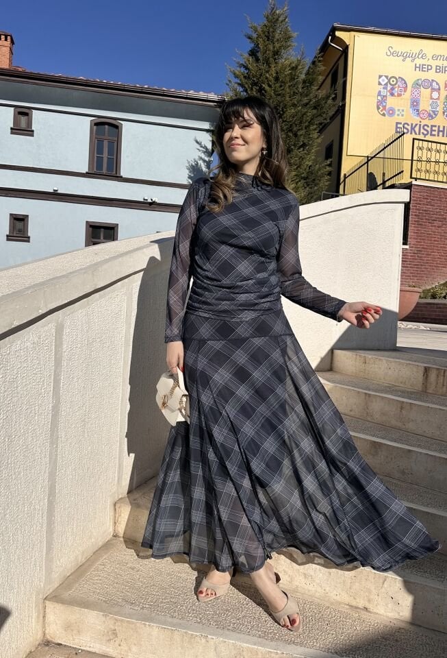 Elisa Lacivert Ekose Etek Bluz Takım