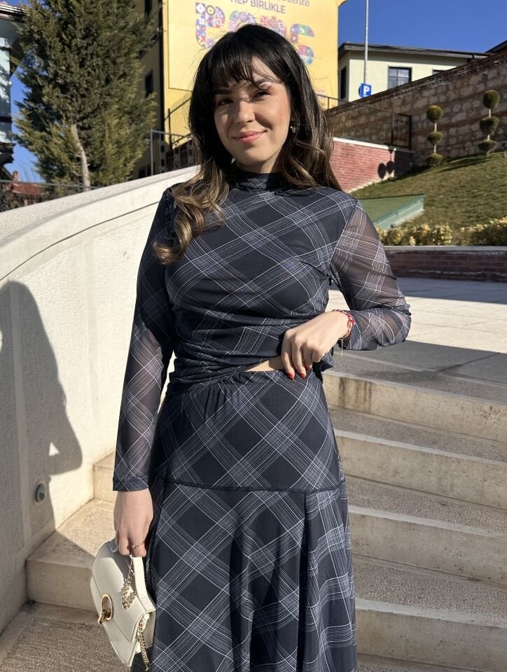 Elisa Lacivert Ekose Etek Bluz Takım