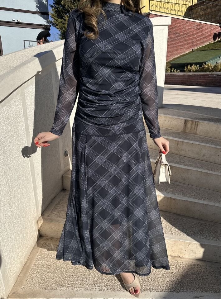 Elisa Lacivert Ekose Etek Bluz Takım