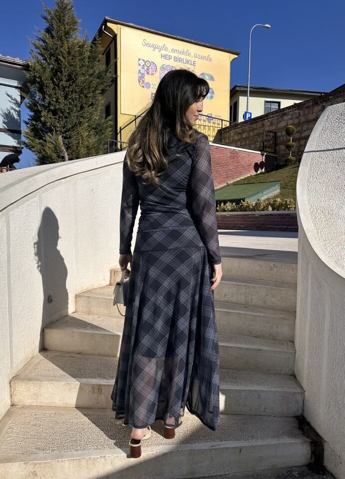 Elisa Lacivert Ekose Etek Bluz Takım