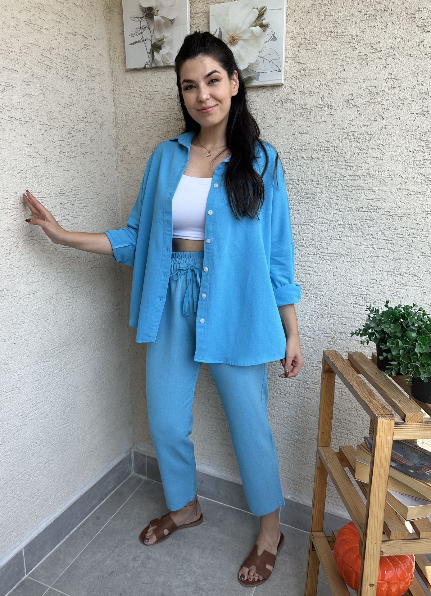 Turkuaz Havuç Keten Pantolon