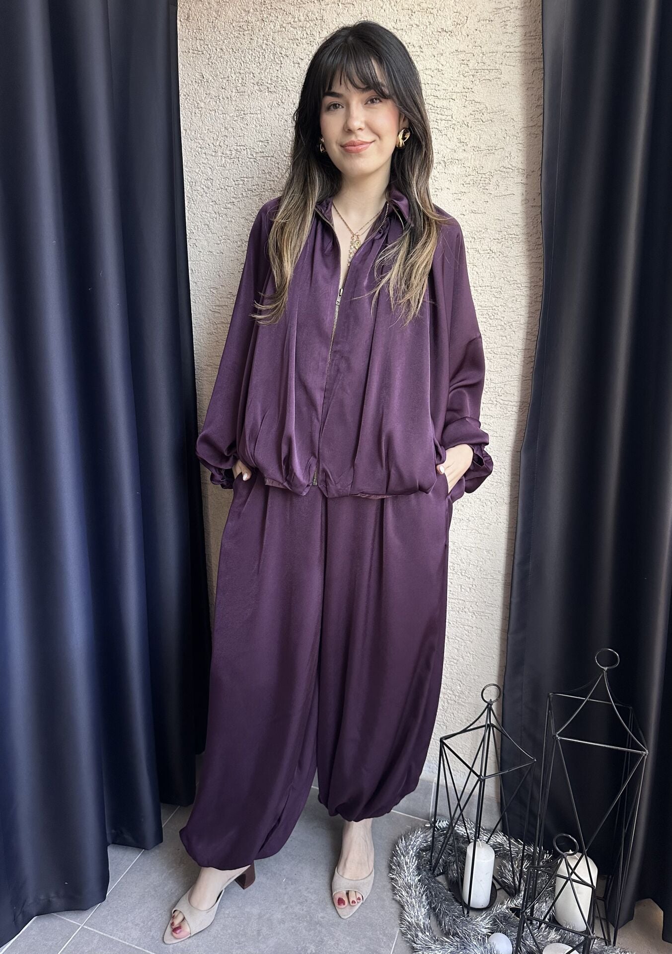 Bordo Şalvar Saten Takım