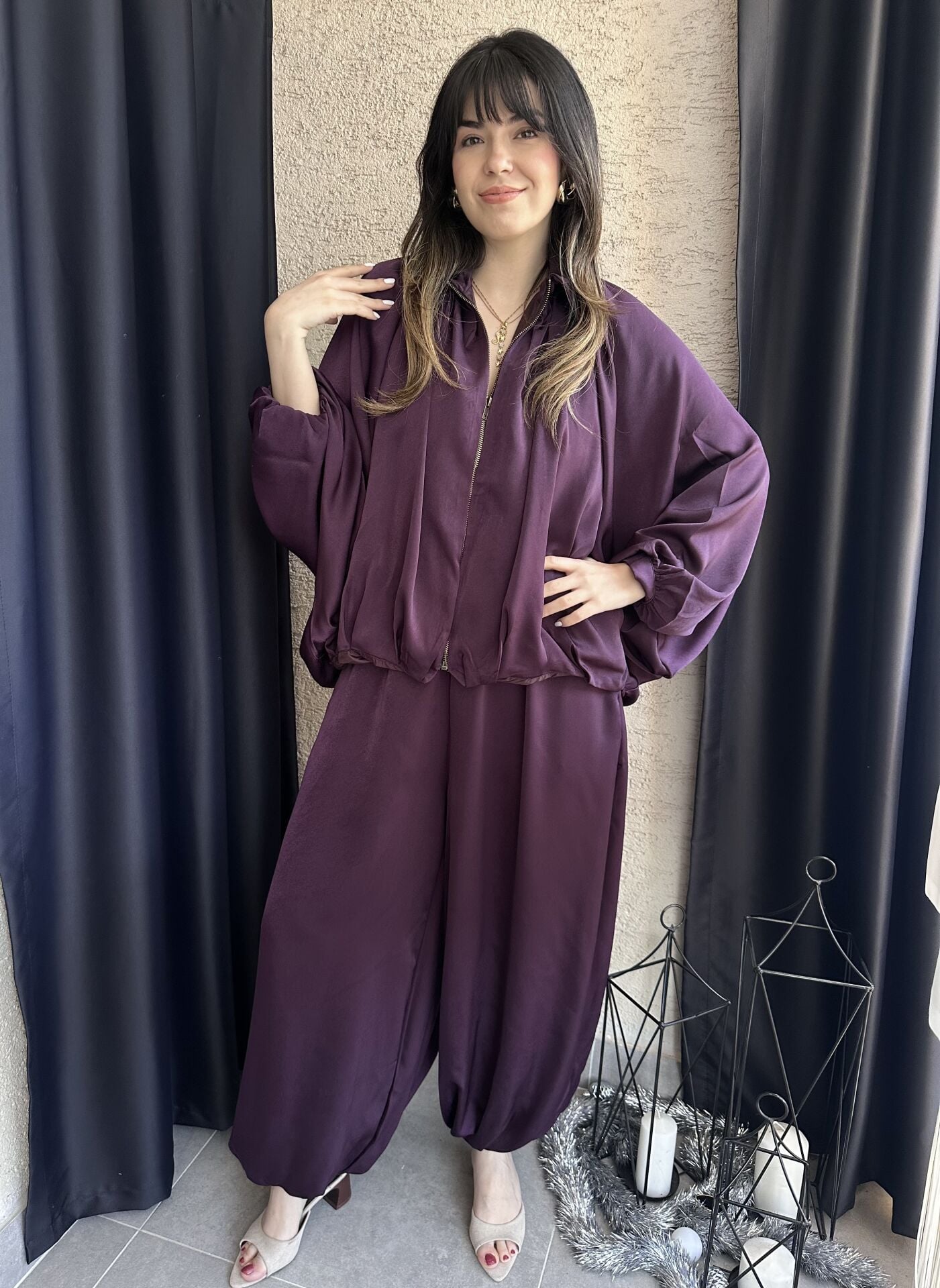 Bordo Şalvar Saten Takım